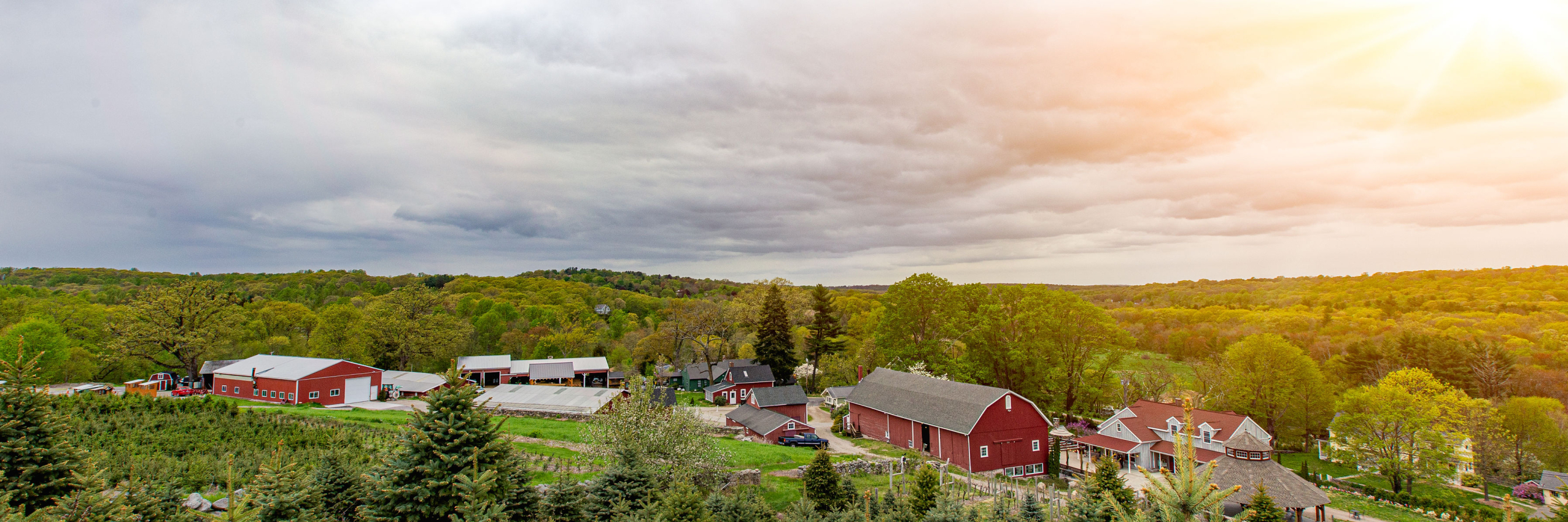 Aerial shot of the farm in early Spring