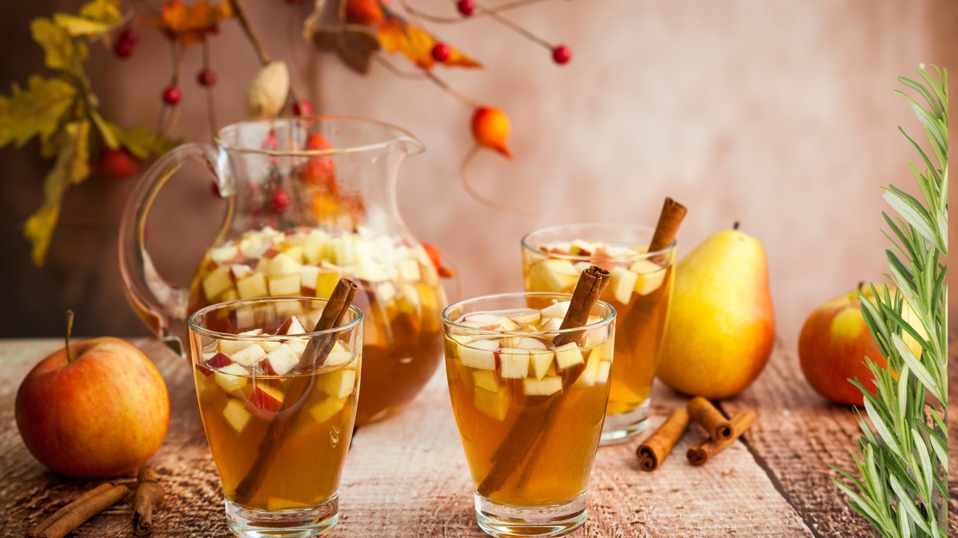 harvest drinks with full pitcher and fruit
