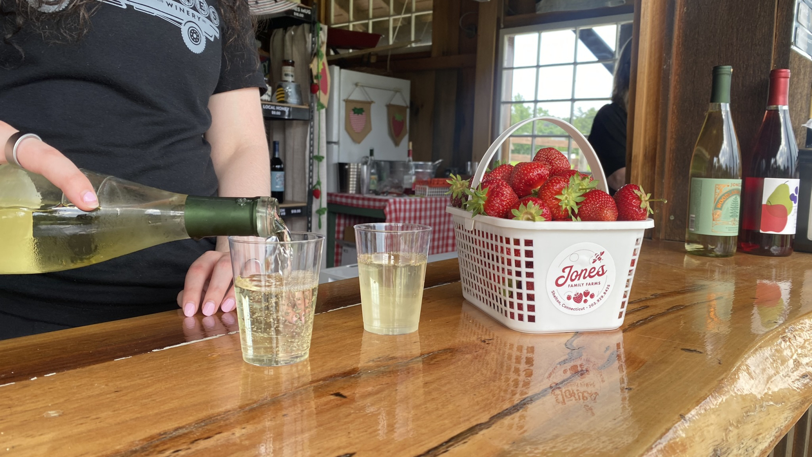 Basket of strawberries & wine 