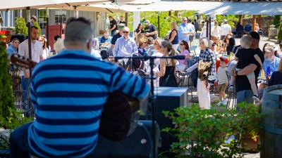 Artist on stage facing Jones Winery Summer Music Series crowd