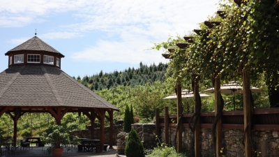 Outdoor winery seating and pavilion